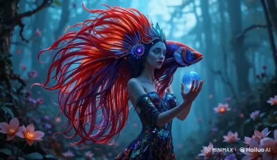 Mystical Forest Figure with Shimmering Dress and Glowing Orb – AI Generated Video | Hailuo AI