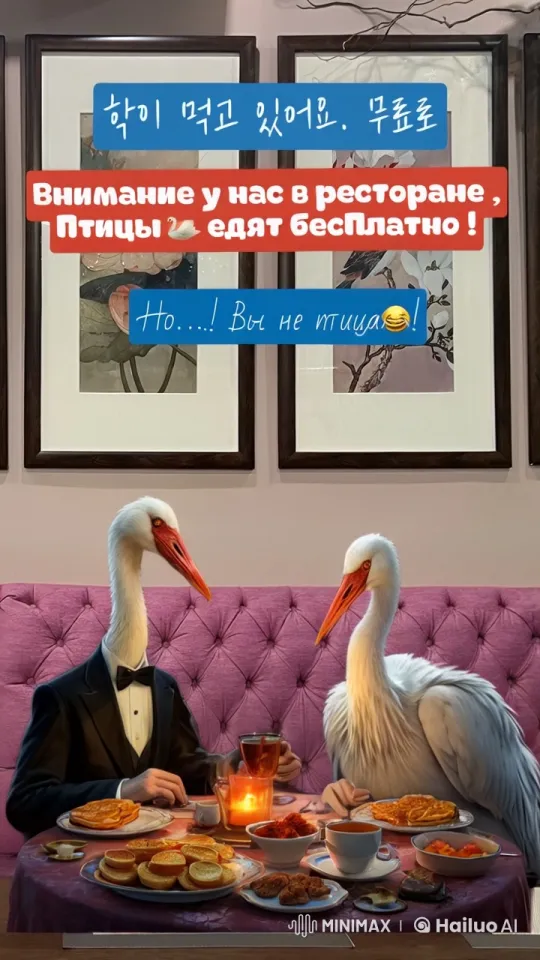 Cranes in Tuxedos Surprised at Elegant Breakfast – AI Generated Video | Hailuo AI