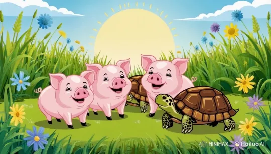Pigs and Turtle Play in Sunny Meadow – AI Generated Video | Hailuo AI