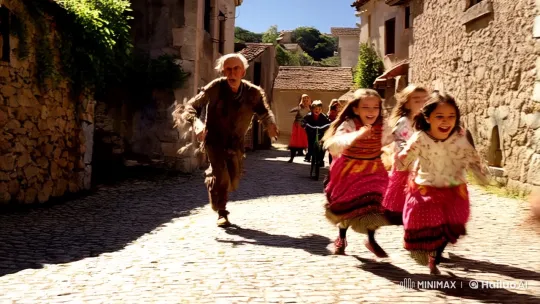 Elderly Man Chases Girls Through Rustic Village – AI Generated Video | Hailuo AI
