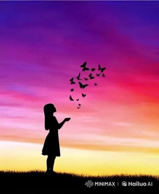 Girl Embraces Sunset with Butterflies, Strolls into Tranquility – AI Generated Video | Hailuo AI
