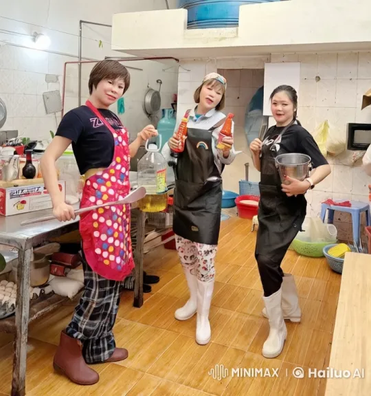 Playful Kitchen Fight: Friends' Joyful Chaos – AI Generated Video | Hailuo AI