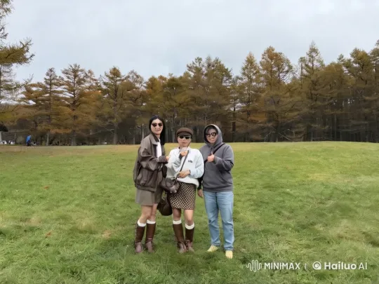 Three friends perform kung fu on a grassy field with autumn trees in the background. – AI Generated Video | Hailuo AI