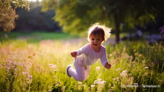Child Leaps in Serene Meadow, Captured in Timeless Flight – AI Generated Video | Hailuo AI
