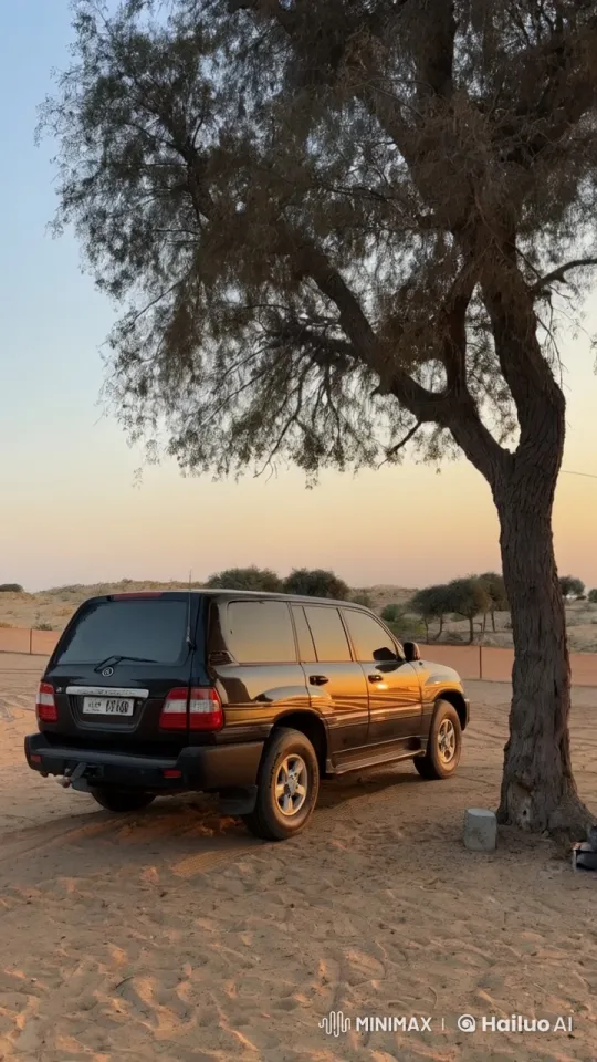 Desert Sunset: SUV Firestorm Amidst Serenity – AI Generated Video | Hailuo AI