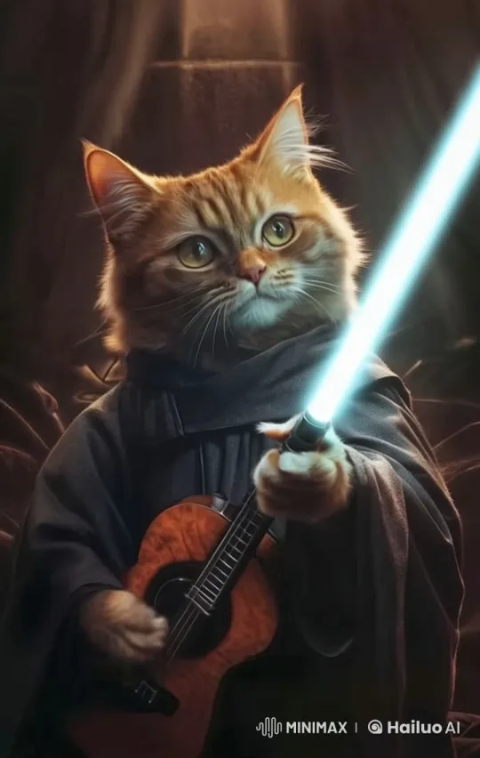 Heroic Cat Plays Bass Guitar with Lightsaber in Live2D Animation – AI Generated Video | Hailuo AI
