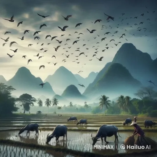 Rural Serenity: Farmers, Buffaloes, and Birds in a Tranquil Rice Field – AI Generated Video | Hailuo AI