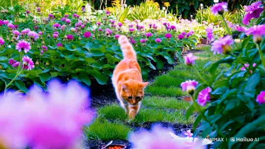 Orange Cat Cooking in Colorful Garden Setting – AI Generated Video | Hailuo AI