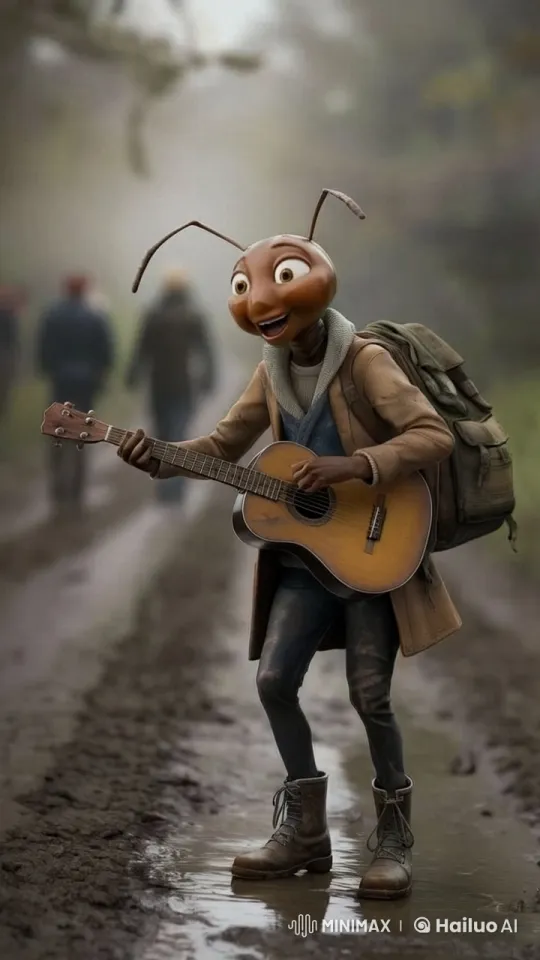Joyful Ant Plays Guitar on Muddy Road Amidst Mist – AI Generated Video | Hailuo AI
