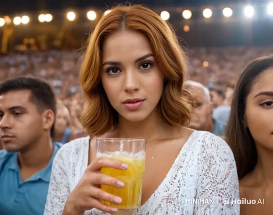 Red-Haired Woman Smiles at Live Event with Drink – AI Generated Video | Hailuo AI
