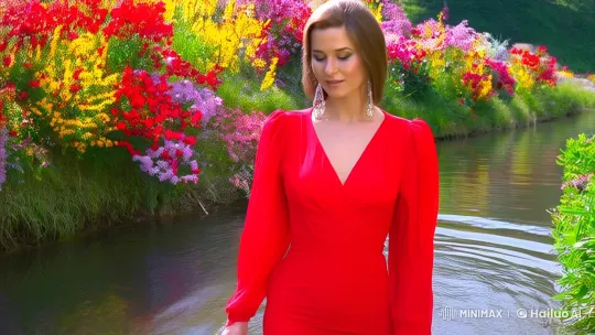 Elegant Woman in Red Amidst Nature's Serenity – AI Generated Video | Hailuo AI