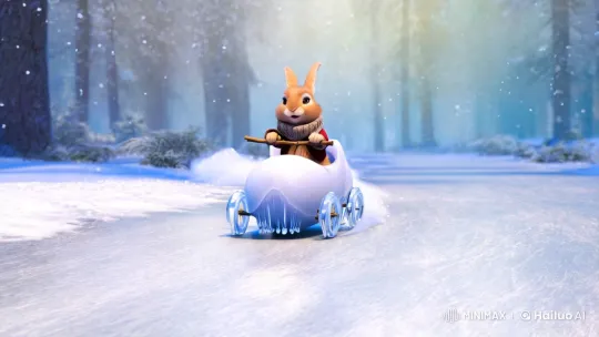 Fluffy Rabbit in Knitted Scarf Drives Through Winter Wonderland – AI Generated Video | Hailuo AI