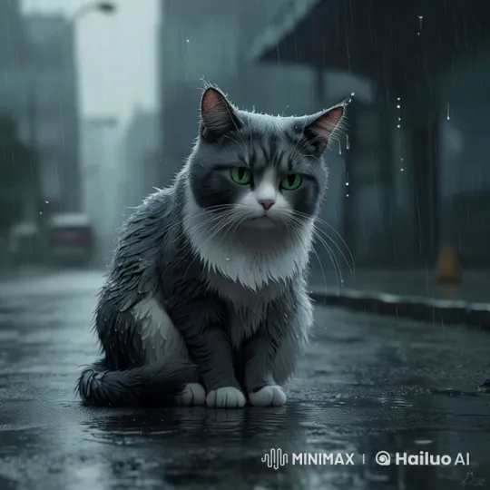 Lonely Cat Searches for Mother in Rainy Urban Scene – AI Generated Video | Hailuo AI