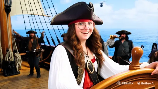 Pirate Captain Celebrates with Crew on Sunny Seascape – AI Generated Video | Hailuo AI