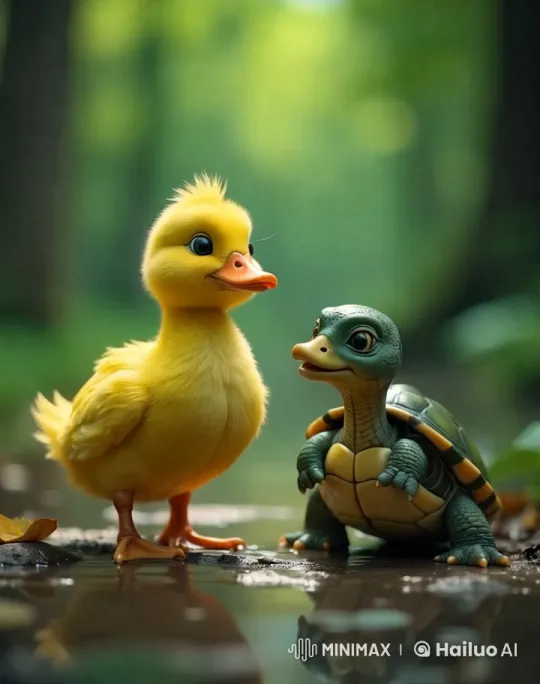 Affectionate Duckling and Turtle in Serene Forest – AI Generated Video | Hailuo AI