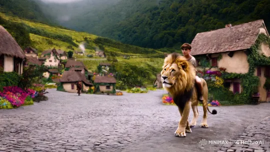 Teenage Boy and Lion Enter Enchanting Village in Cinematic Grandeur – AI Generated Video | Hailuo AI