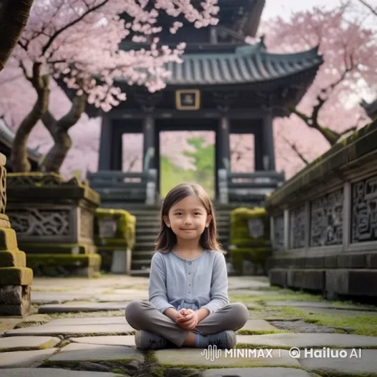 Girl in Tranquil Temple Garden Amidst Cherry Blossoms – AI Generated Video | Hailuo AI