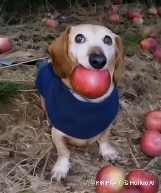 Cute Dog Pees, Targets Dolphin Amidst Hay and Apples – AI Generated Video | Hailuo AI