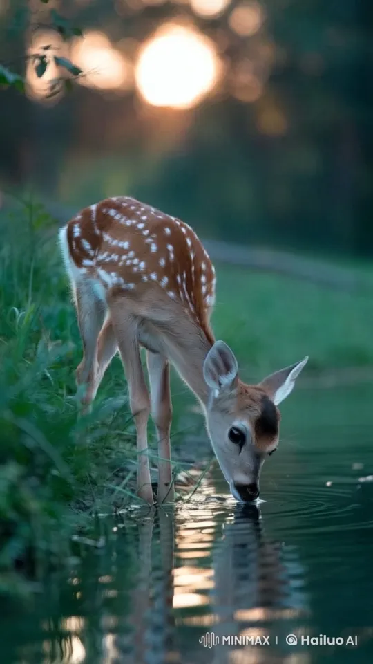 Sunset Serenity: Deer Drinks from Tranquil Stream – AI Generated Video | Hailuo AI