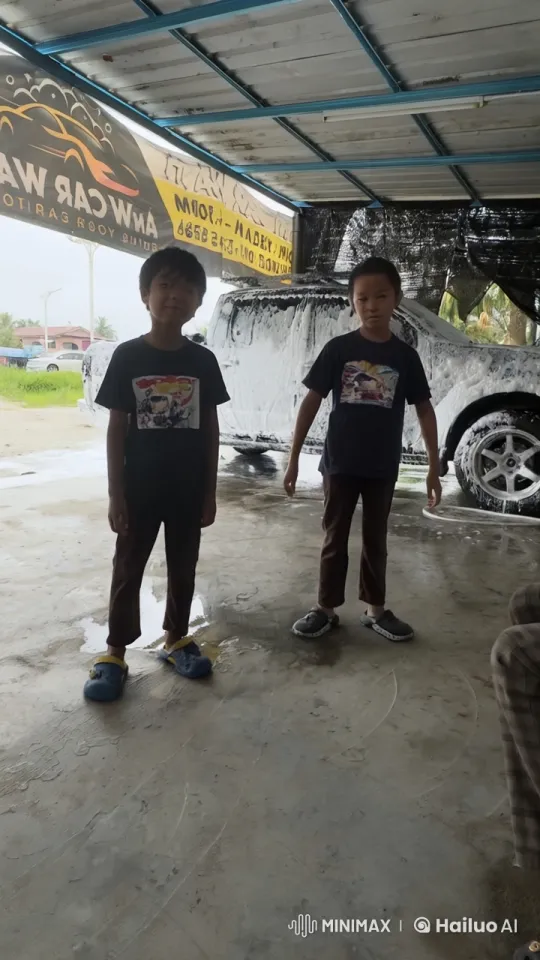 Boys Spar in Kung Fu Moves at Car Wash – AI Generated Video | Hailuo AI