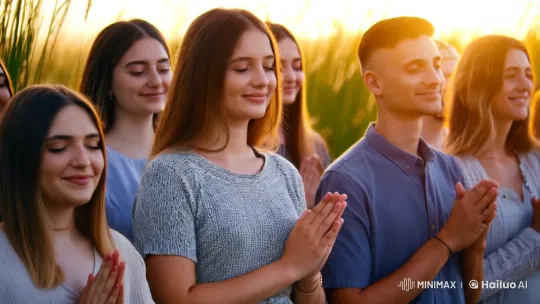Young Adults Pray in Tranquil Outdoor Serenity – AI Generated Video | Hailuo AI