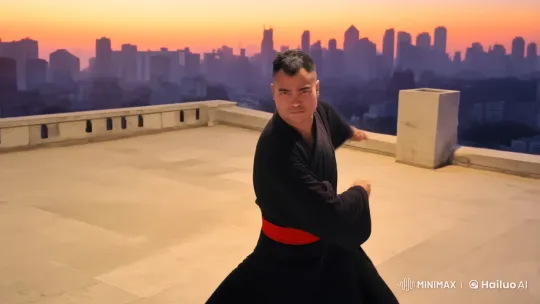 Kungfu Master in Dusk Rooftop Combat – AI Generated Video | Hailuo AI