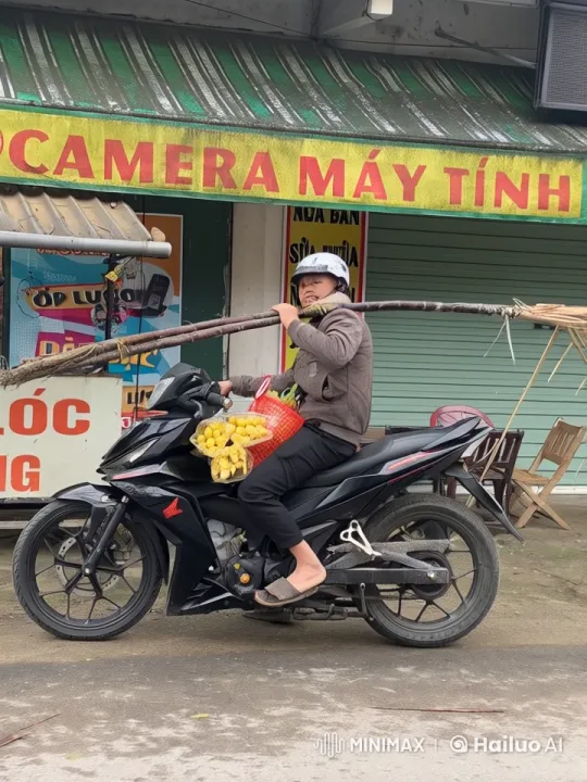 Motorbike Rider Showcases Martial Arts in Market Street – AI Generated Video | Hailuo AI