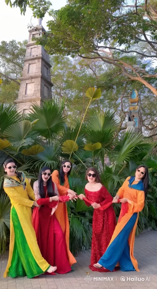 Colorful Women's Dance and Playful Fight in Garden Setting – AI Generated Video | Hailuo AI