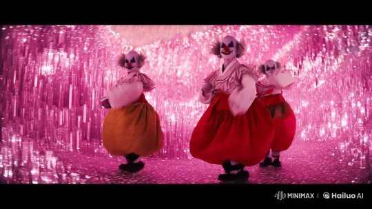 Creepy Clowns Dance in Ethereal Pink Crystal Realm – AI Generated Video | Hailuo AI