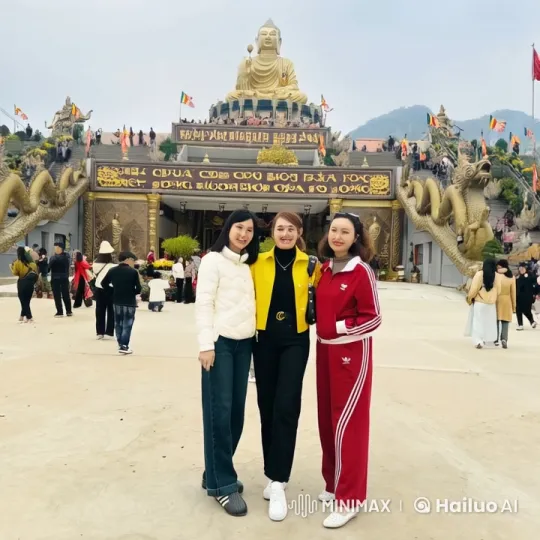 Women Pose at Religious Site with Golden Buddha Statue – AI Generated Video | Hailuo AI