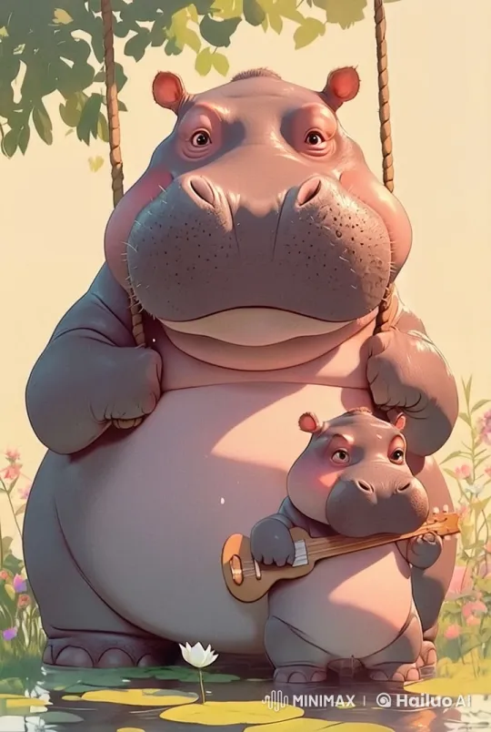 Anthropomorphic Hippos Enjoy Serenity on Swing with Guitar – AI Generated Video | Hailuo AI