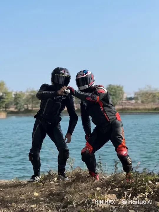 Bikers Engage in Intense Kung Fu Duel by the Lake – AI Generated Video | Hailuo AI