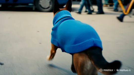 Dog in Blue Sweater Gracefully Joins Car Amidst Urban Drama – AI Generated Video | Hailuo AI