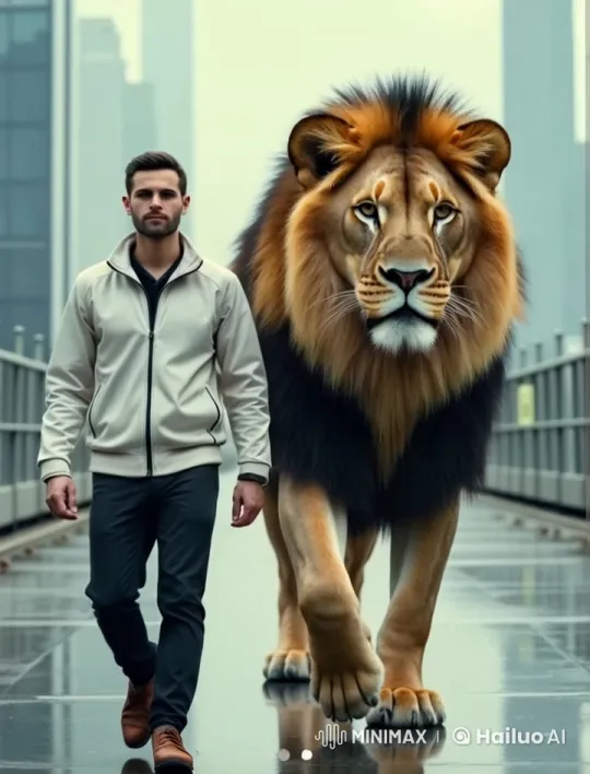 Man and Lion Walk in Harmony Through Urban Streetscape – AI Generated Video | Hailuo AI