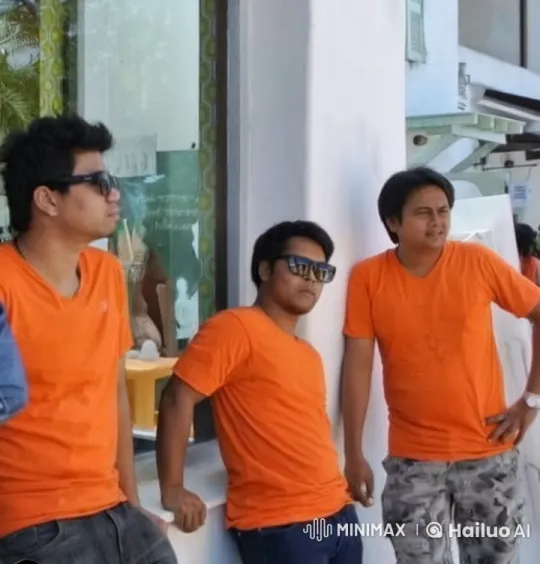 Three Men in Orange T-Shirts Outside Bright Building – AI Generated Video | Hailuo AI