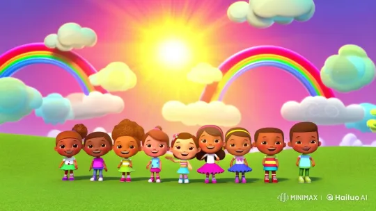 Animated Sky with Joyful Children and Rainbow Farewell – AI Generated Video | Hailuo AI