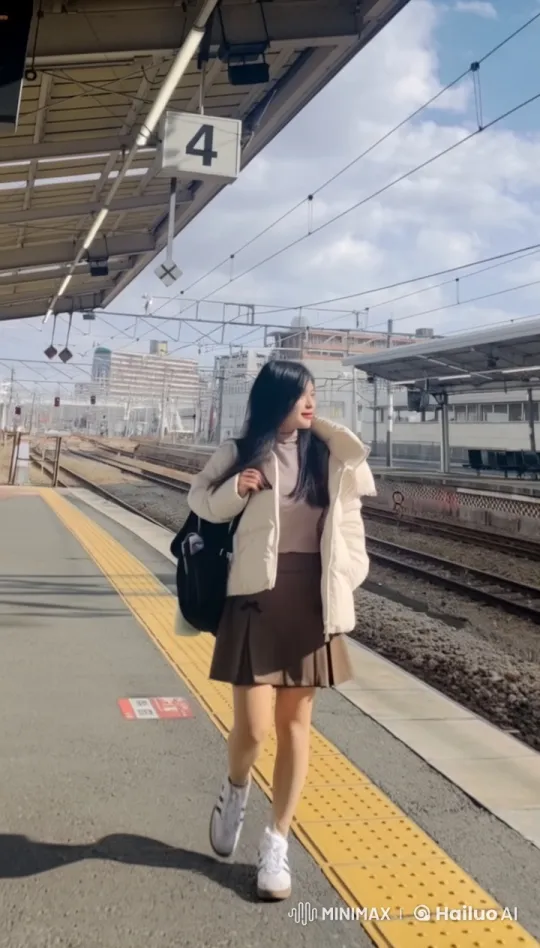 Young Woman Walking on Train Platform with Bounce – AI Generated Video | Hailuo AI