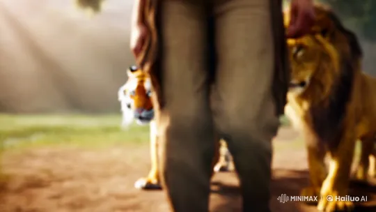 Harmonious Coexistence: Person Walks with Tigers and Lions – AI Generated Video | Hailuo AI