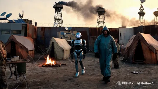 Post-Apocalyptic Survivor Encampment with AI Guardian – AI Generated Video | Hailuo AI