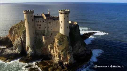 Medieval Castle Overlooking the Sea in Majestic Aerial Pan – AI Generated Video | Hailuo AI
