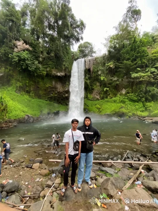 Two Men at Majestic Waterfall with Visitors – AI Generated Video | Hailuo AI