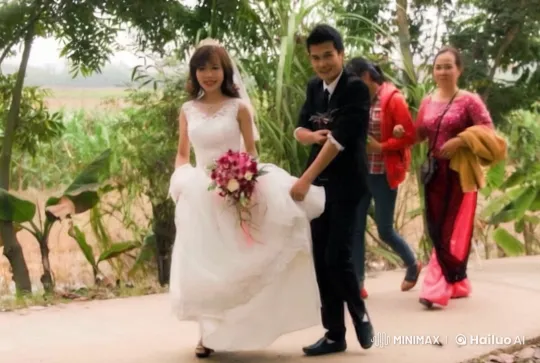 Wedding Celebration: Bride & Groom Dance in Lush Greenery – AI Generated Video | Hailuo AI
