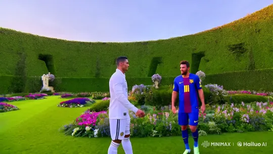 Ronaldo and Messi's Garden Embrace: A Cinematic Moment – AI Generated Video | Hailuo AI