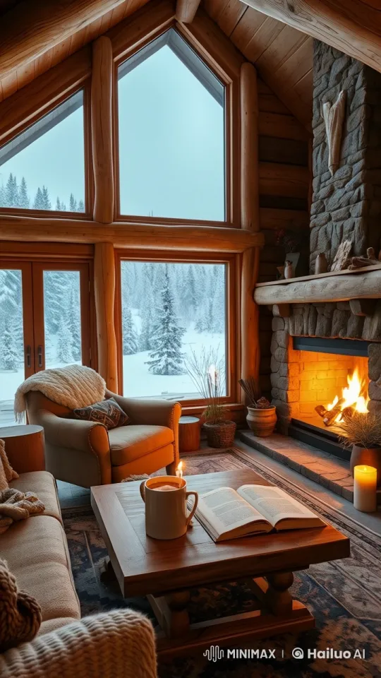 Cozy Cabin Interior with Winter Wonderland Exterior – AI Generated Video | Hailuo AI