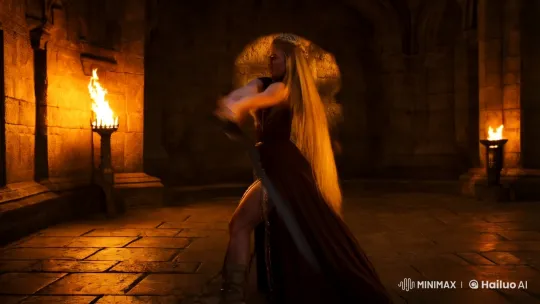 Blonde Warrior: Intense Sword Ballet in Ancient Chamber – AI Generated Video | Hailuo AI