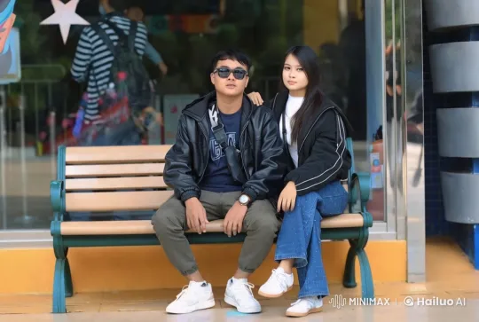Young Couple on Bench with Casual Interaction – AI Generated Video | Hailuo AI