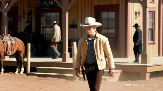 Determined Cowboy Walks Through Old Western Town – AI Generated Video | Hailuo AI