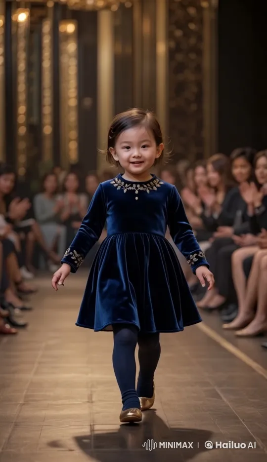 Baby Girl Struts in Royal Blue Velvet at Glamorous Runway Show – AI Generated Video | Hailuo AI