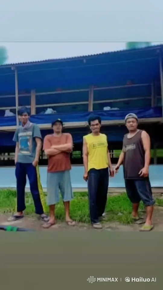 Four Men Chatting Outside Rural Farm Dormitory – AI Generated Video | Hailuo AI