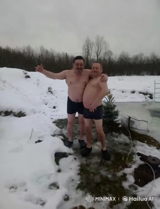 Two Men Swaying in Snow by Frozen Water – AI Generated Video | Hailuo AI